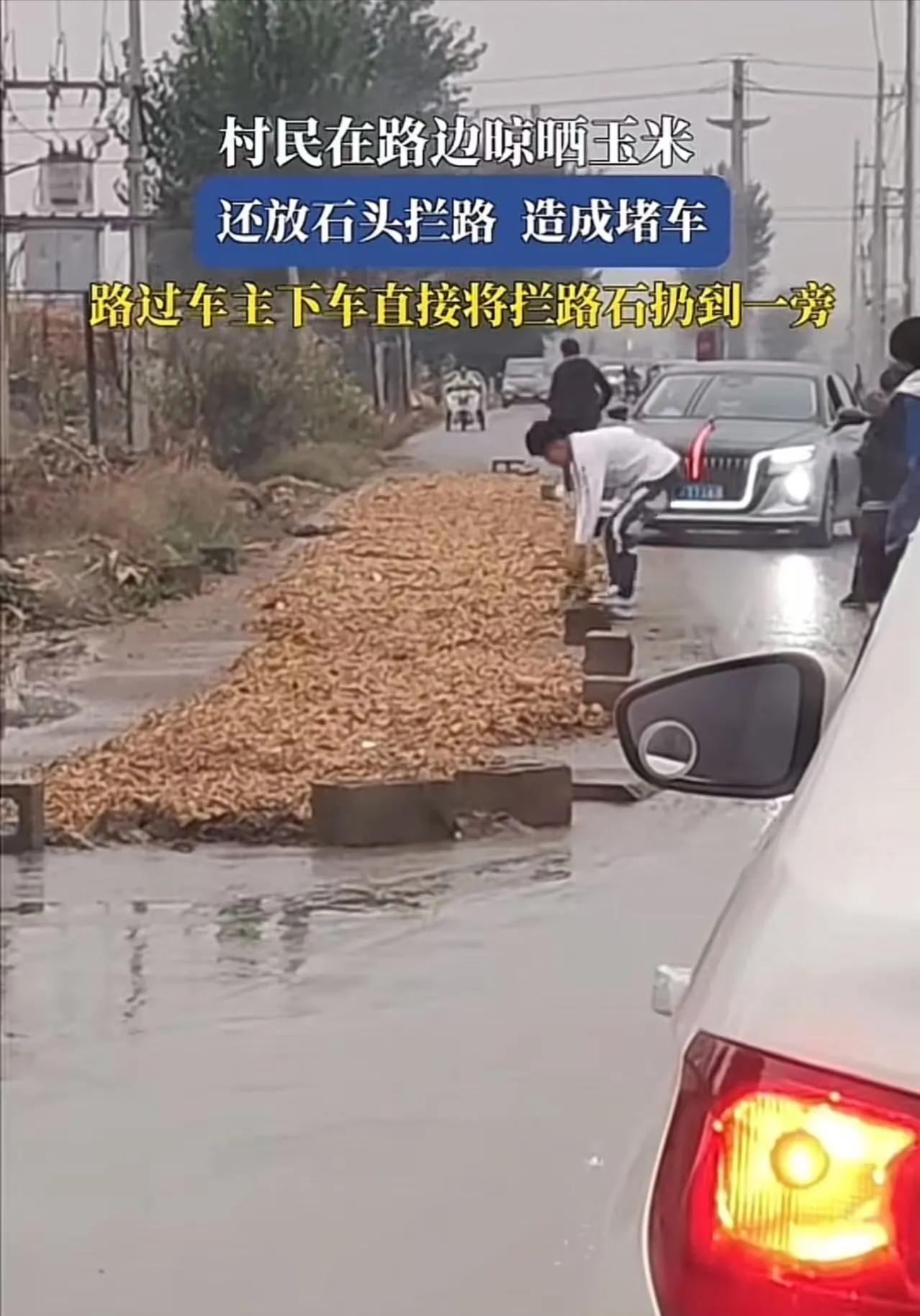 马路变晒场还拦石堵路，车主怒移障碍引众怒？农民辛苦≠可以违法
 
秋收季来临，农