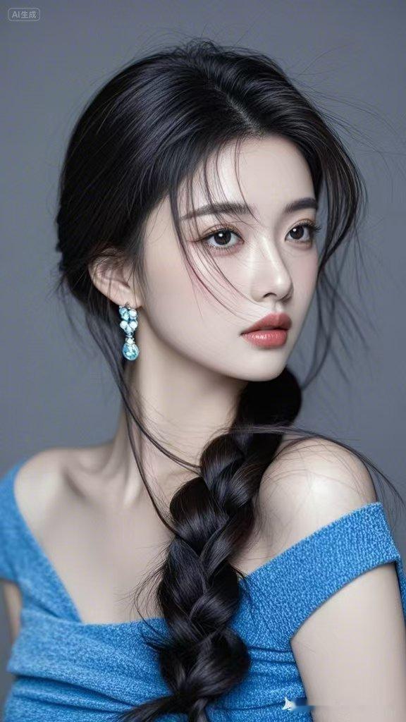 眼波流转盛满漫天星辰大海，一袭清蓝长裙漾开万顷柔波，细碎耳坠摇曳似朦胧幻梦，眉眼