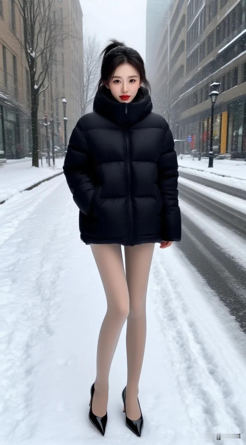 冬日雪景中的时尚穿搭，黑色羽绒服搭配高跟鞋，温暖又时髦！