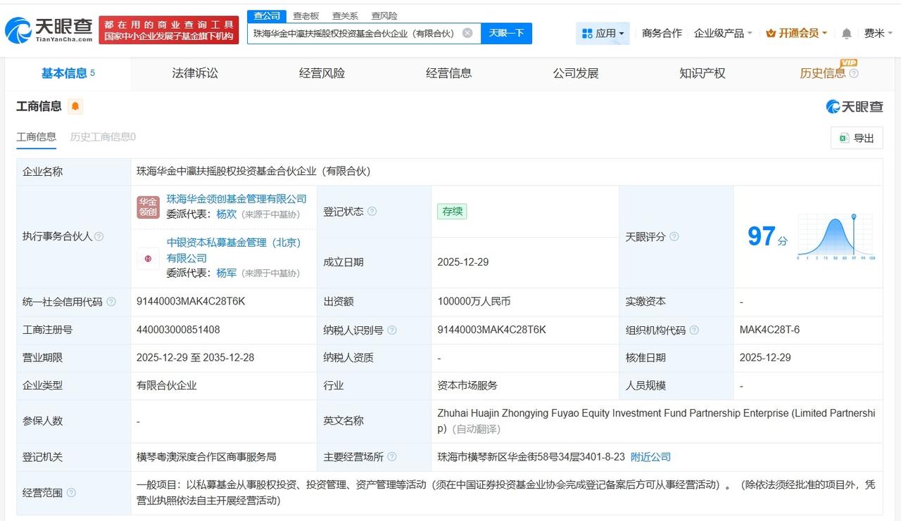 中银资产、华发集团等在珠海成立股权投资基金出资额10亿
天眼查App显示，近日，