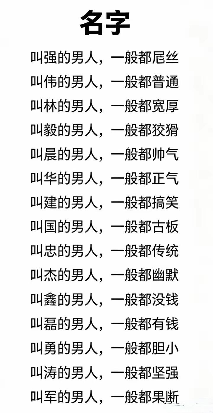 男生名字密码：
叫强的一般都D丝
叫伟的一般都普通
叫鑫的一般都没钱
叫勇的一般