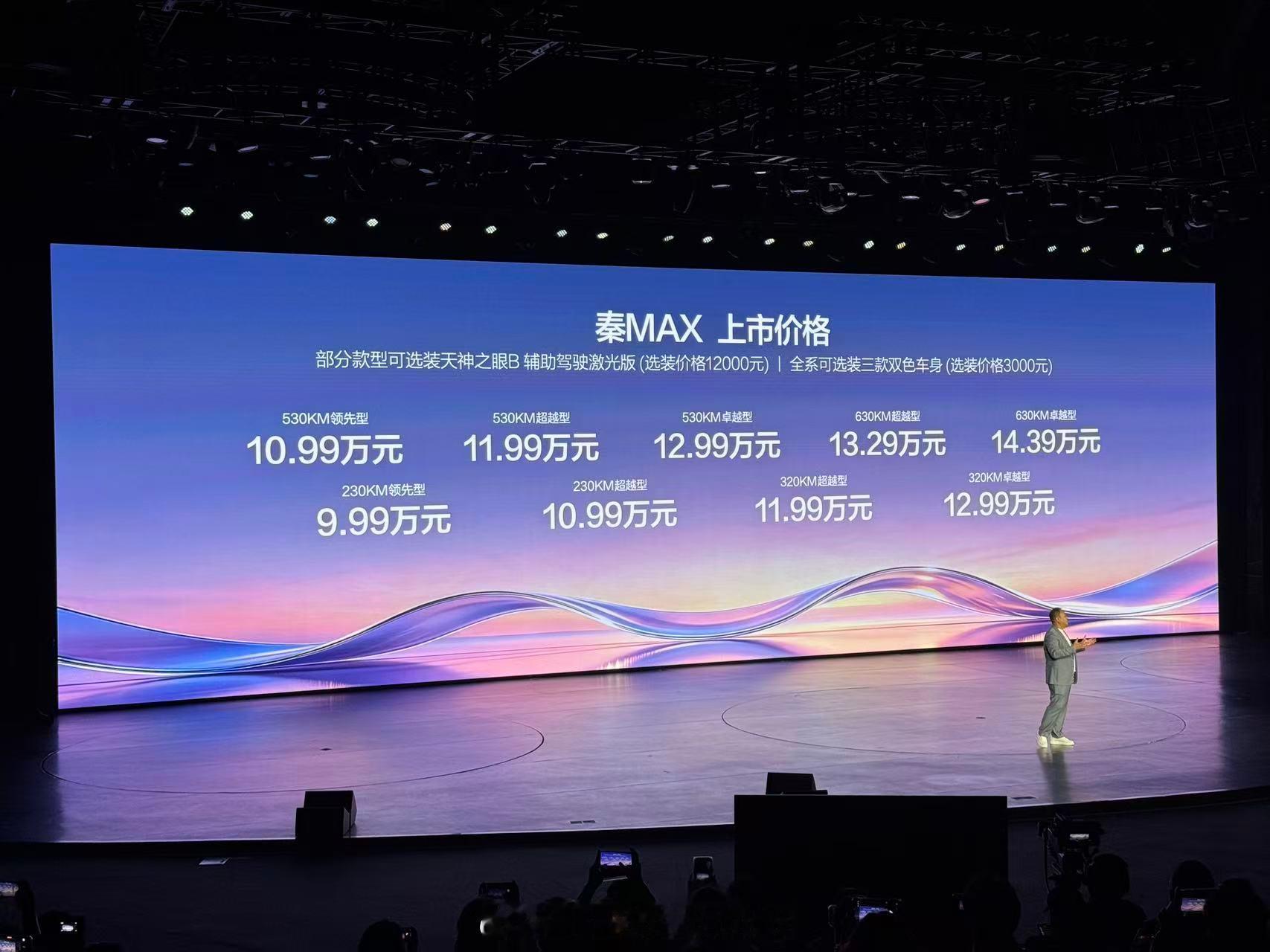 秦MAX价格：9.99—14.39万，插混DM-i 9.99万起，纯电EV 10