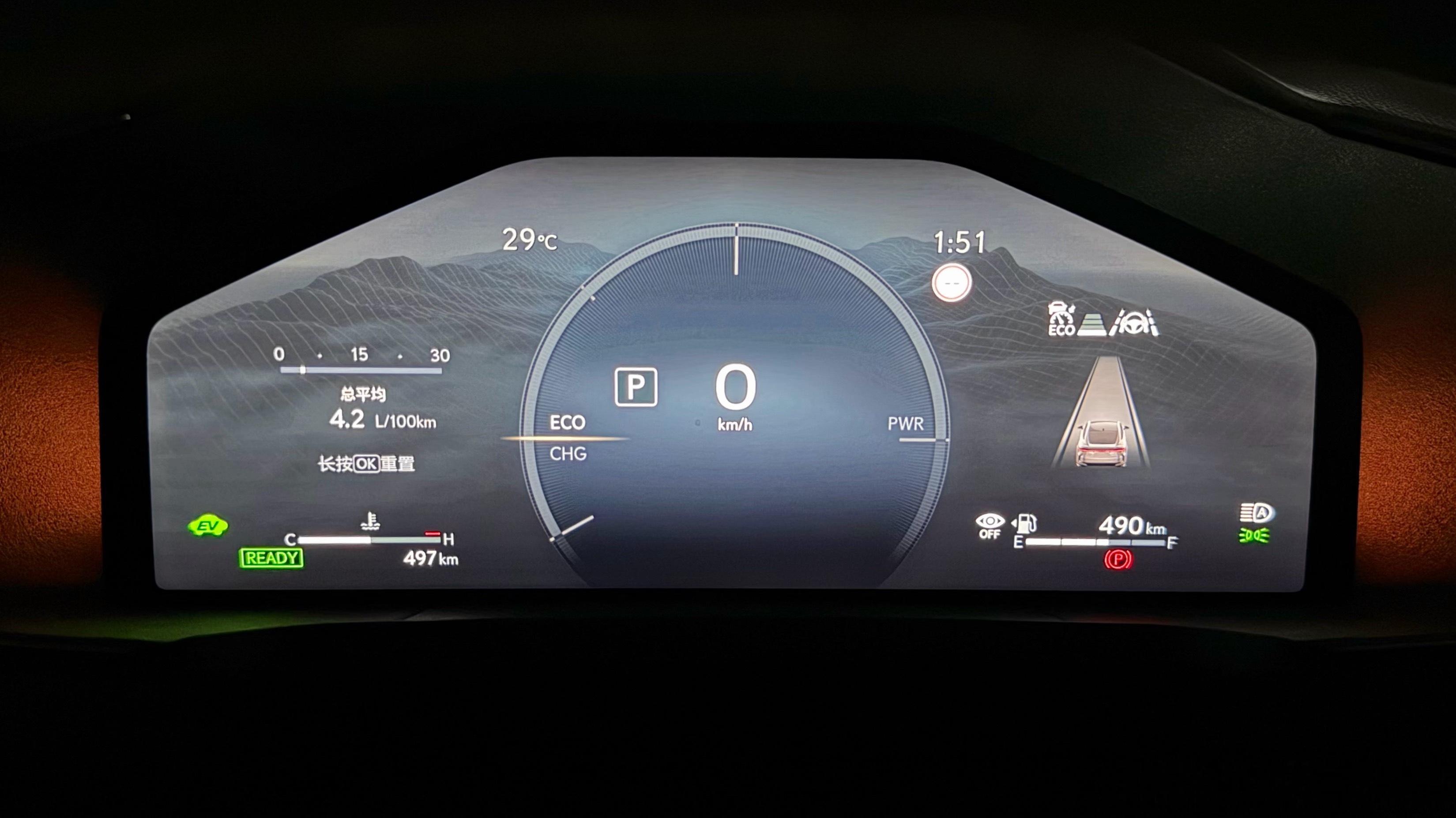 跑了497km，续航还有490km，完全没省着开，表显油耗4.2，等我跑完算算这