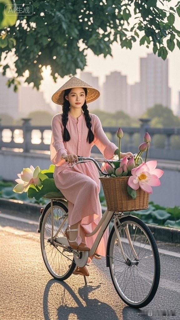 夏日骑行少女，粉裙与花篮相映成趣，清新自然。