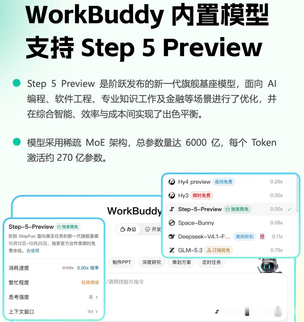 这波确实有点意思。WorkBuddy 把阶跃 Step 5 Preview 接进