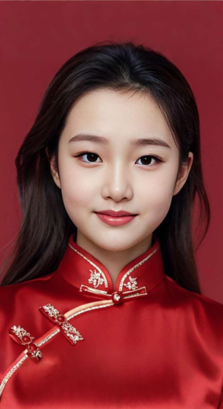 AI扩图 AI红裙浅笑