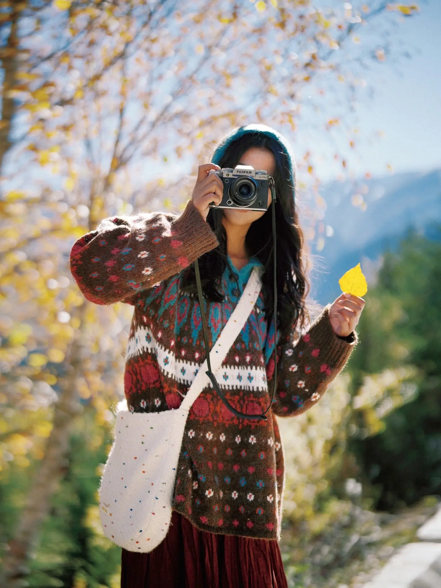 秋冬出游电影故事感拍照🏔️文艺胶片风。蓝天、红叶、雪山🏔️ 光影间...