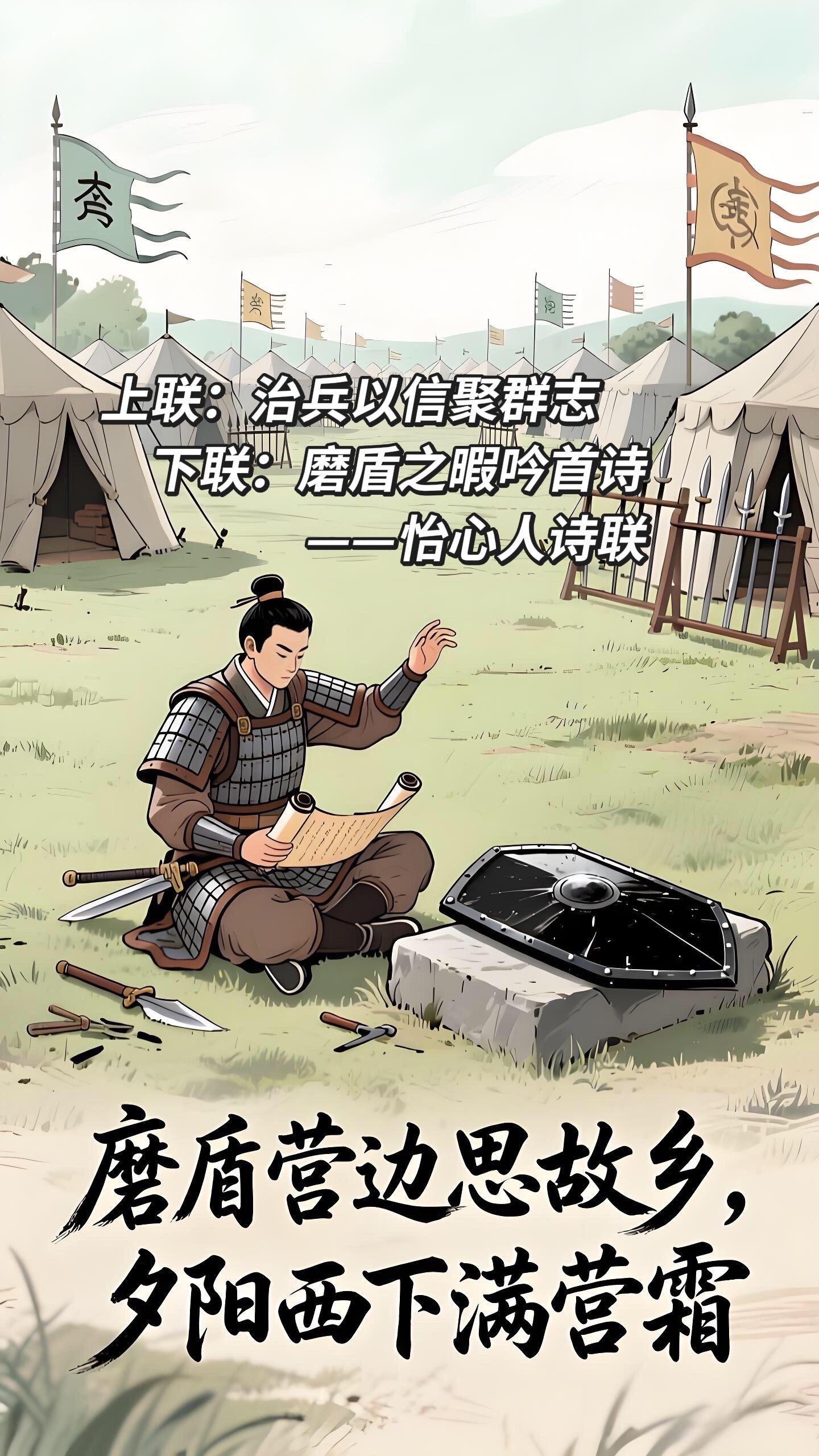 怡心戏对联  上联：治兵以信聚群志【 对句】下联：磨盾之暇吟首诗【出句】成语吟联