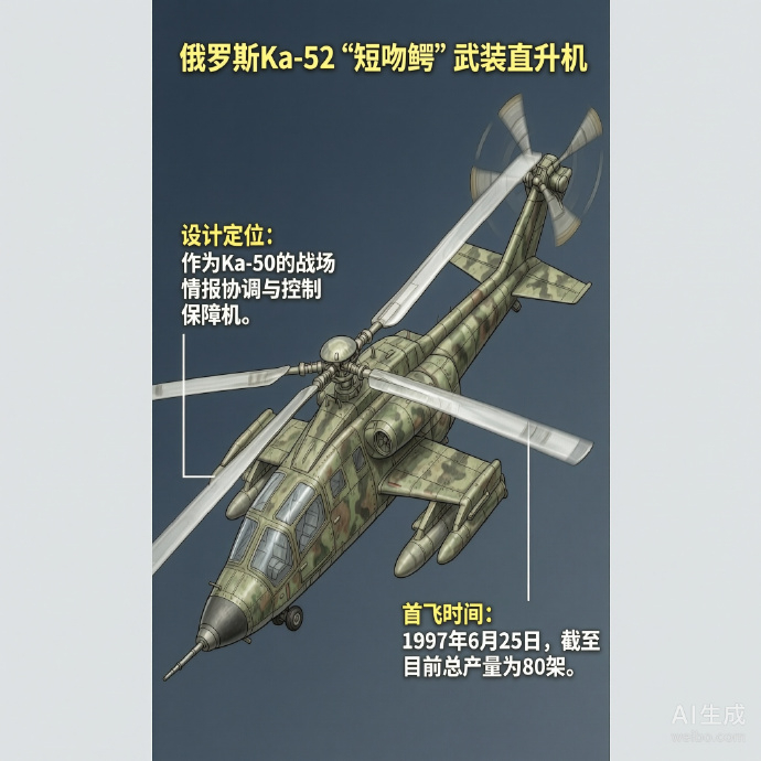 军事ai新视野 俄罗斯Ka-52“短吻鳄”直升机机身长度：15.96米机身高度：