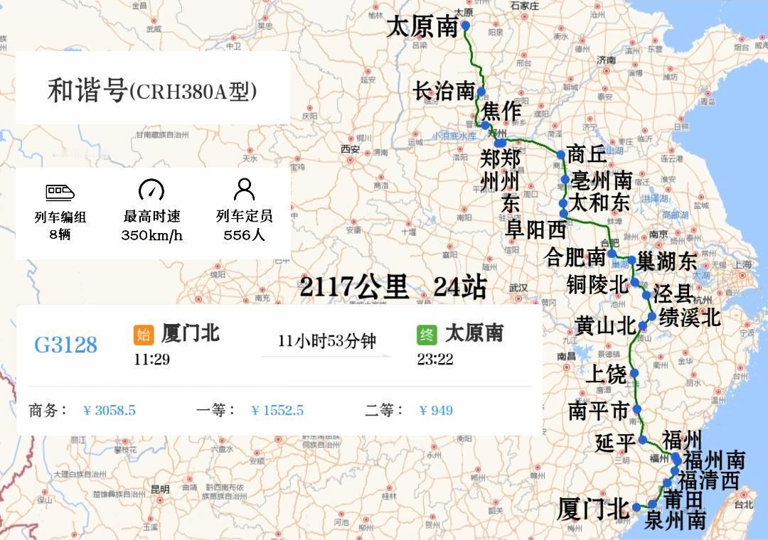 厦门、福州到太原唯一一趟高铁：G3128次