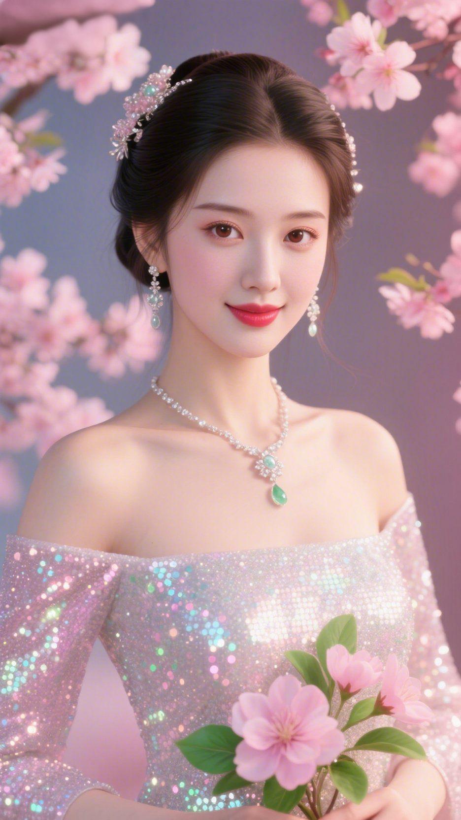 银纱裹满樱间柔
 
粉樱漫过鬓边时，这一身银纱像拢了星的柔，落进春的软雾里。
 