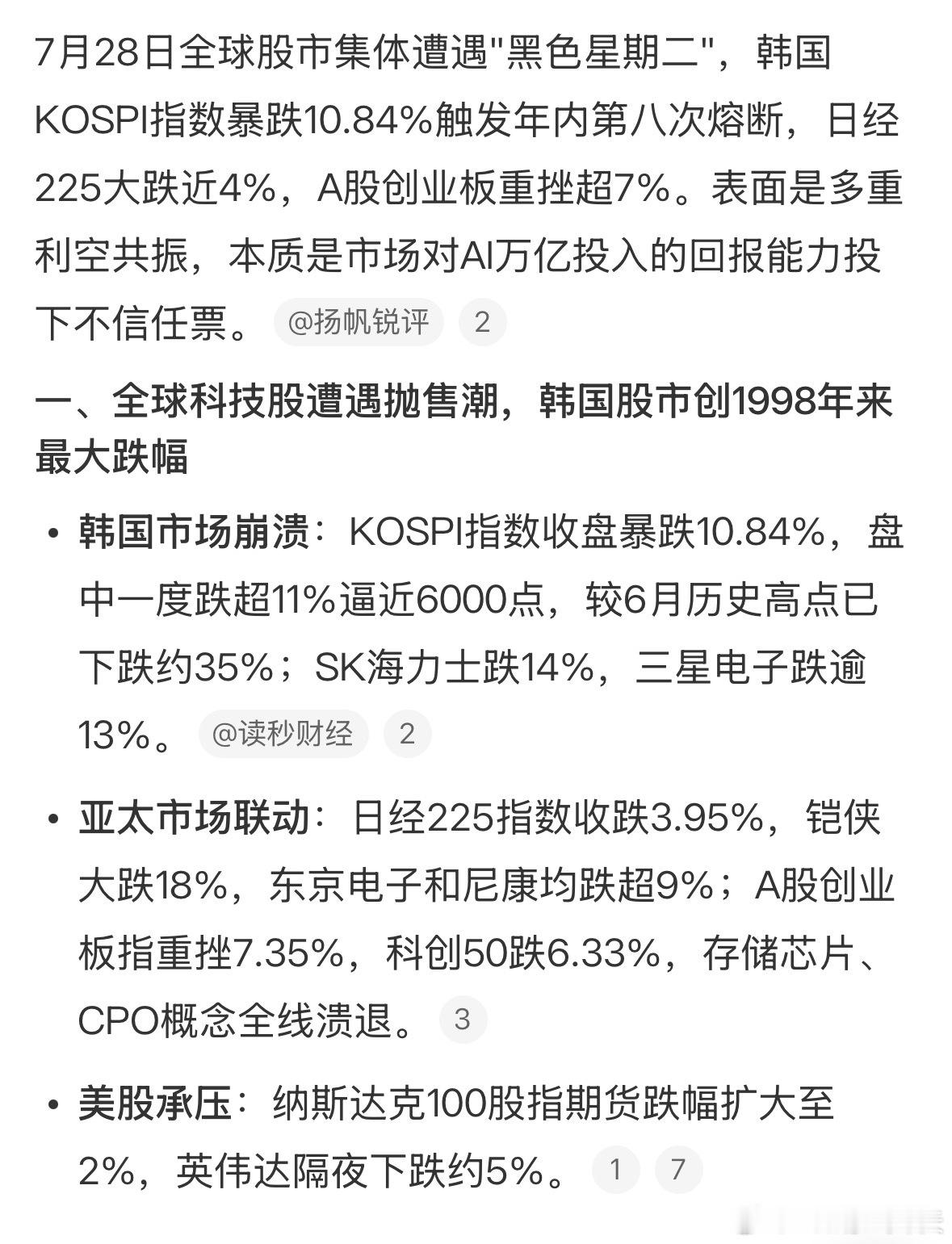 全球股市集体遭遇黑色星期二7月28日全球股市集体遭遇黑色星期二，韩国KOSPI指