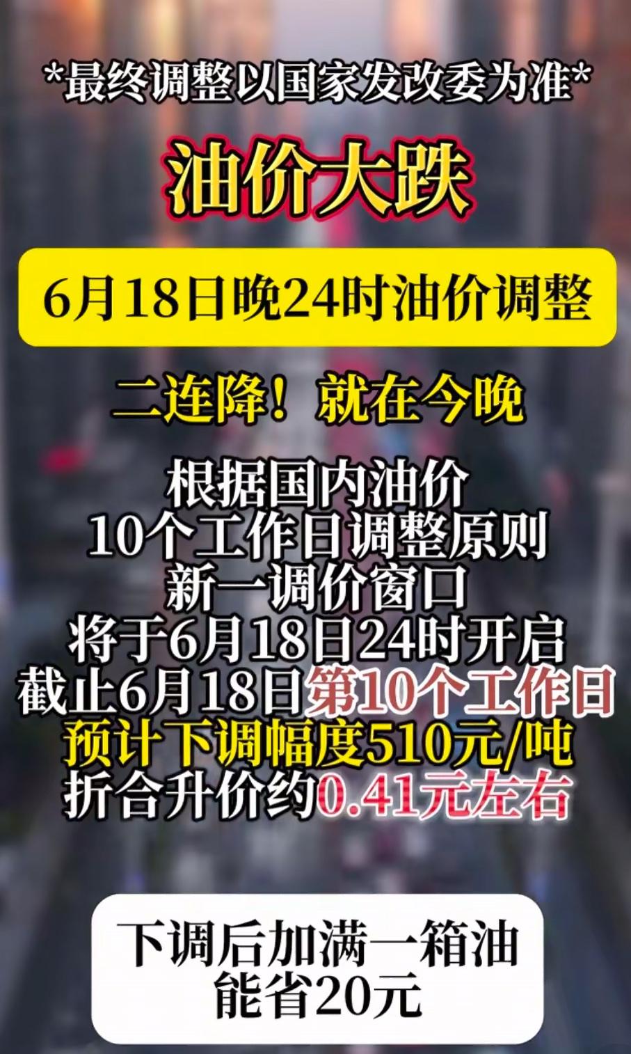 盼星星盼月亮终于等来油价二连降，今晚24点正式下调，一升大概便宜四毛一，加满整整