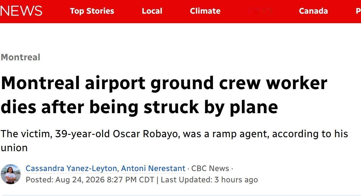 加拿大机场员工被法国航空公司撞击后死亡
当地时间周一晚间，加拿大蒙特利尔特鲁多国