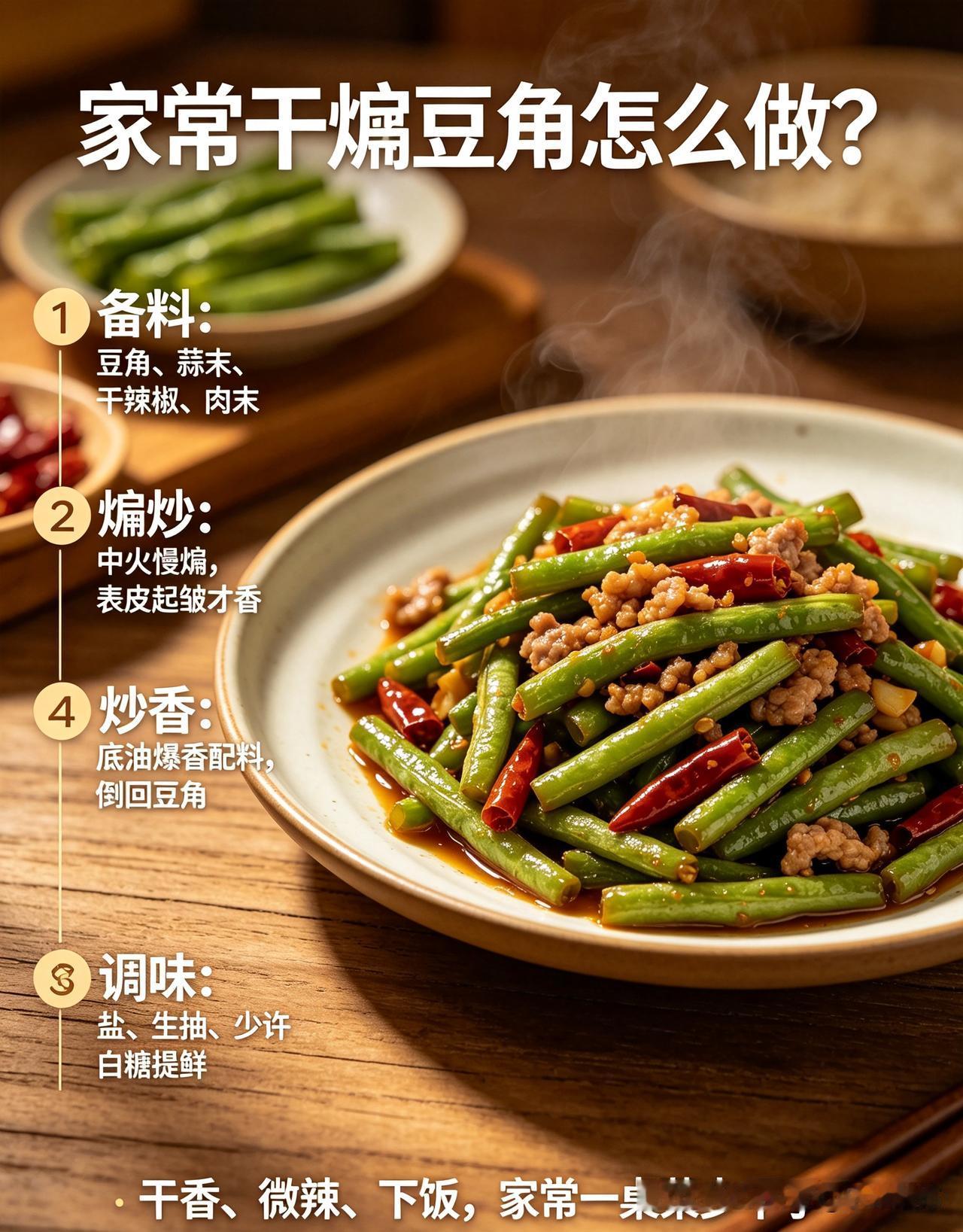 豆角洗净掰段，沥干水分。锅中多放些油，下入豆角中火慢煸，煸至表皮起皱、微微焦黄盛