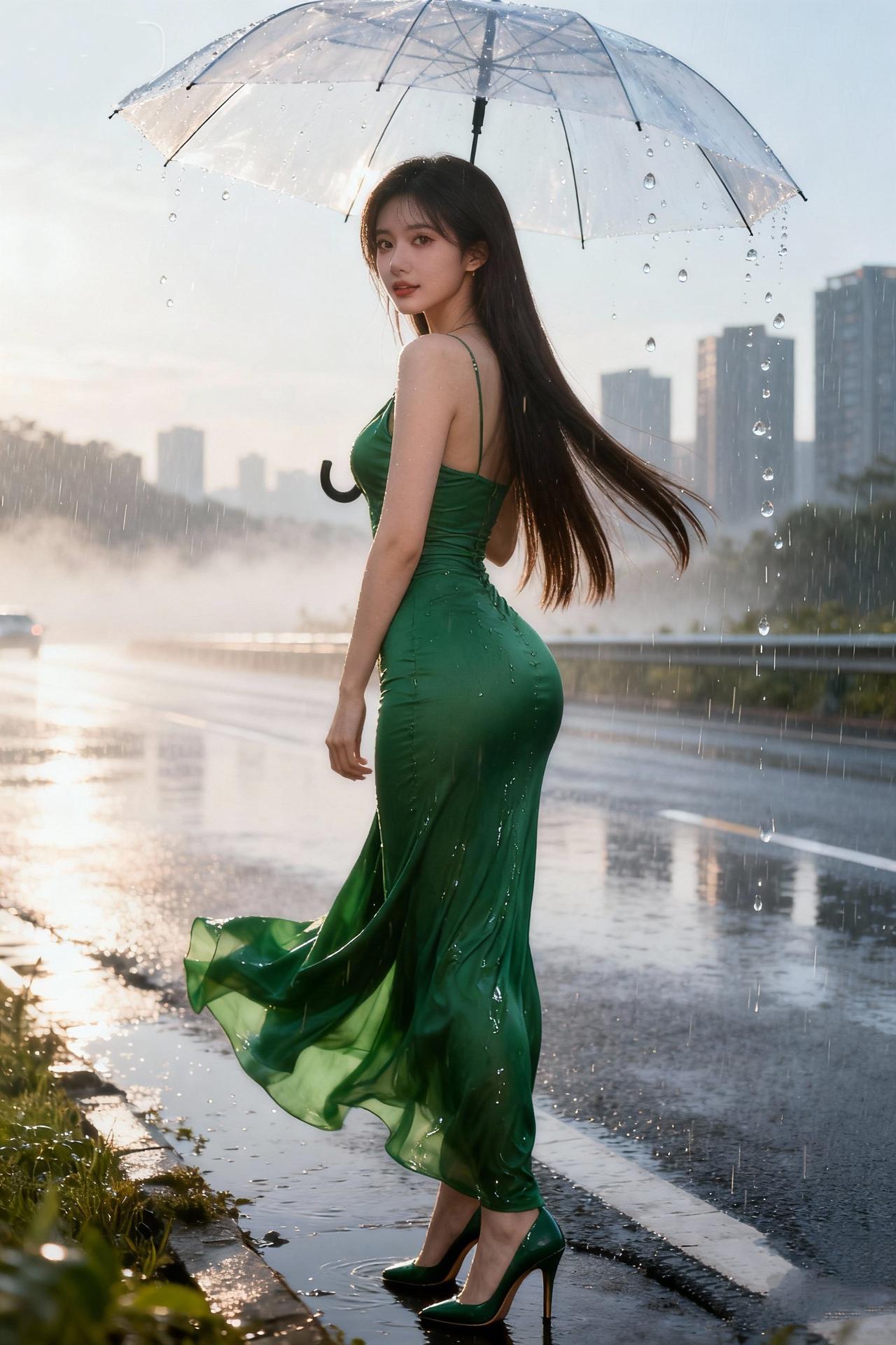 《雨径翠影》
 
雨丝垂晓镜，长路漾金辉。
翠袂随风舞，清眸带露归。
伞轻凝水色