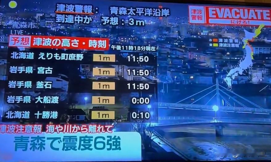 截至当地时间12月9日凌晨1点09分，目前已观测到的海啸情况，岩手县久慈港涨潮浪
