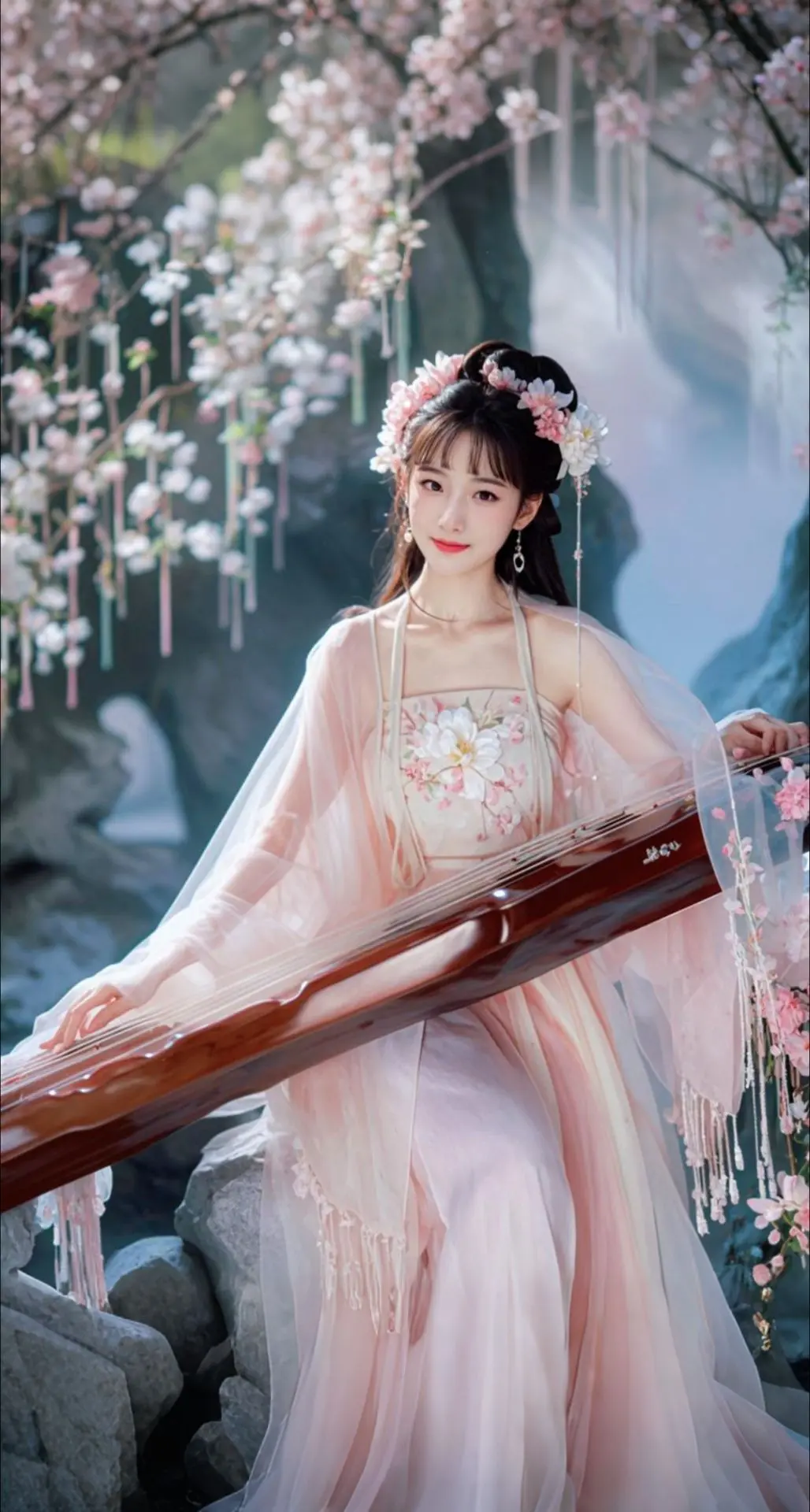 AI扩图 AI花神抚筝韵