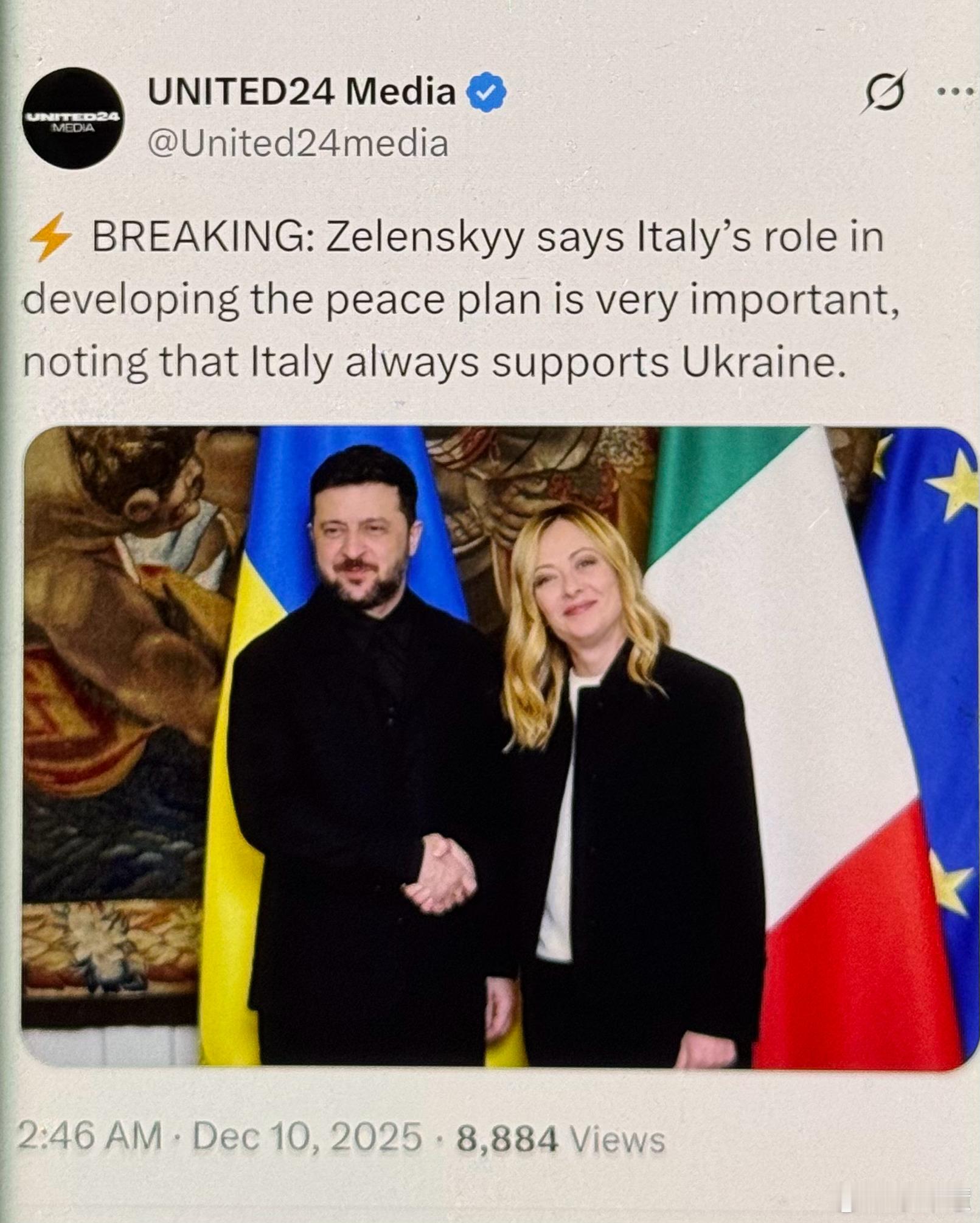 泽伦斯基说，意大利在制定和平计划中的作用非常重要，并指出意大利一直支持乌克兰。 