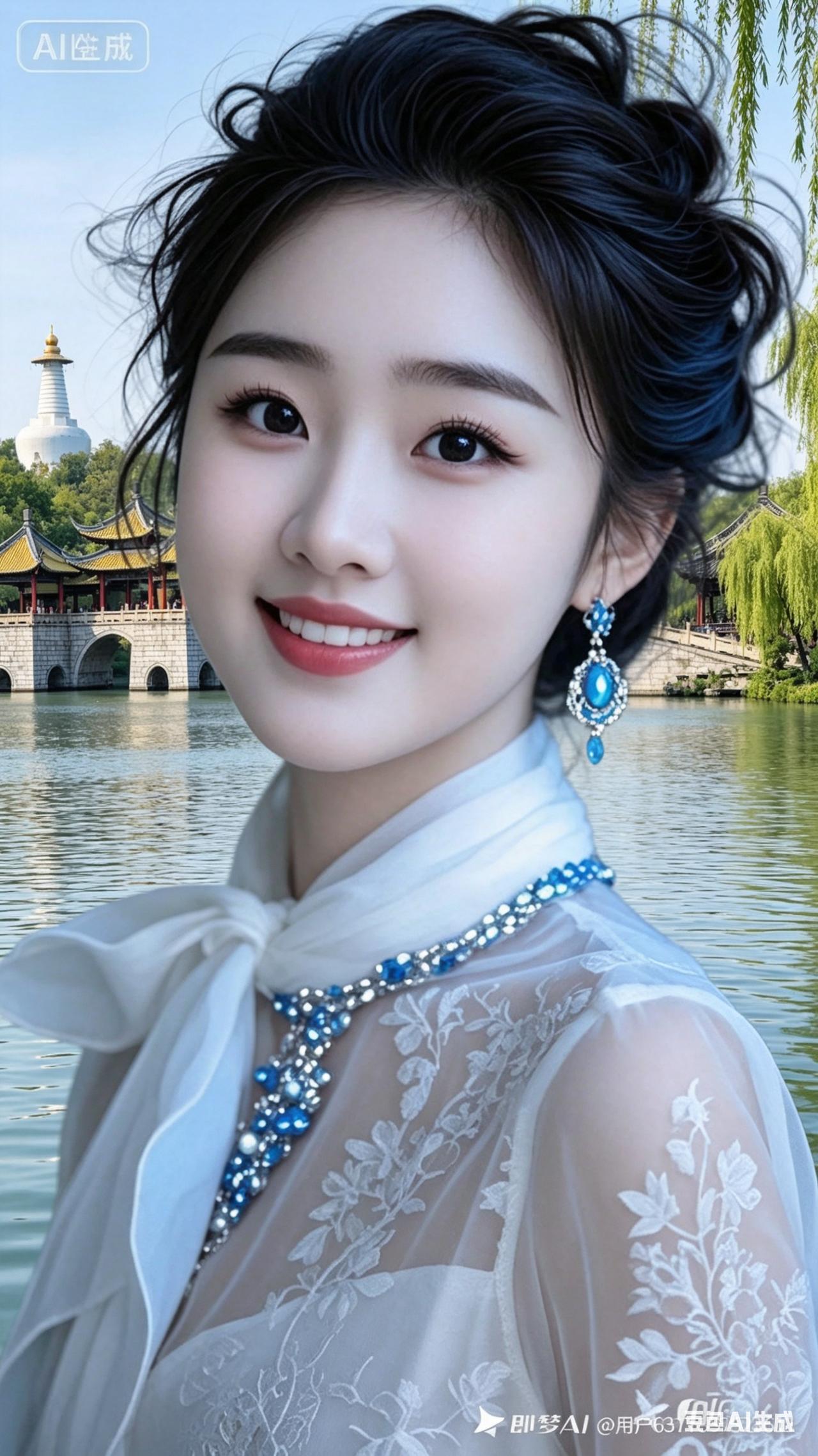 温婉女子立于瘦西湖畔，身后五亭桥、白塔相映，湖面波光轻晃，垂柳拂岸，柔光萦绕，古