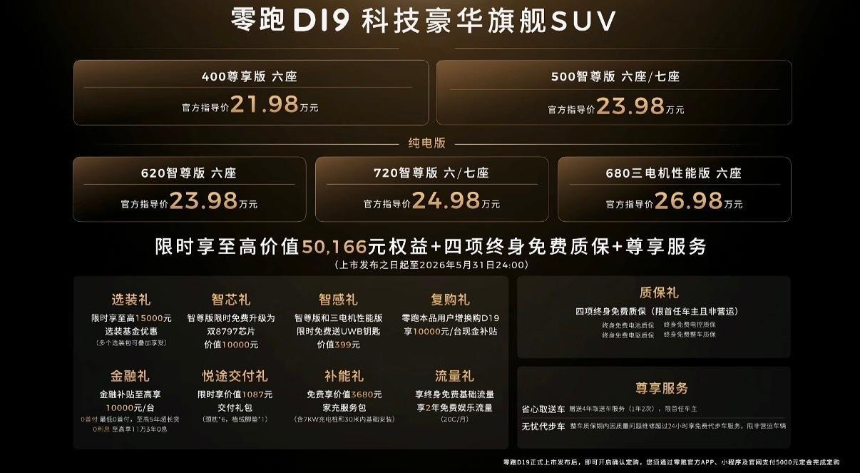 零跑D19定价21.98万起！不管增程还是纯电，双芯片、空悬、大冰箱大床这些配置