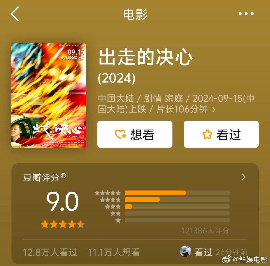#出走的决心近14年高口碑佳作# 《出走的决心》豆瓣评分一路上涨已经9.0分！！