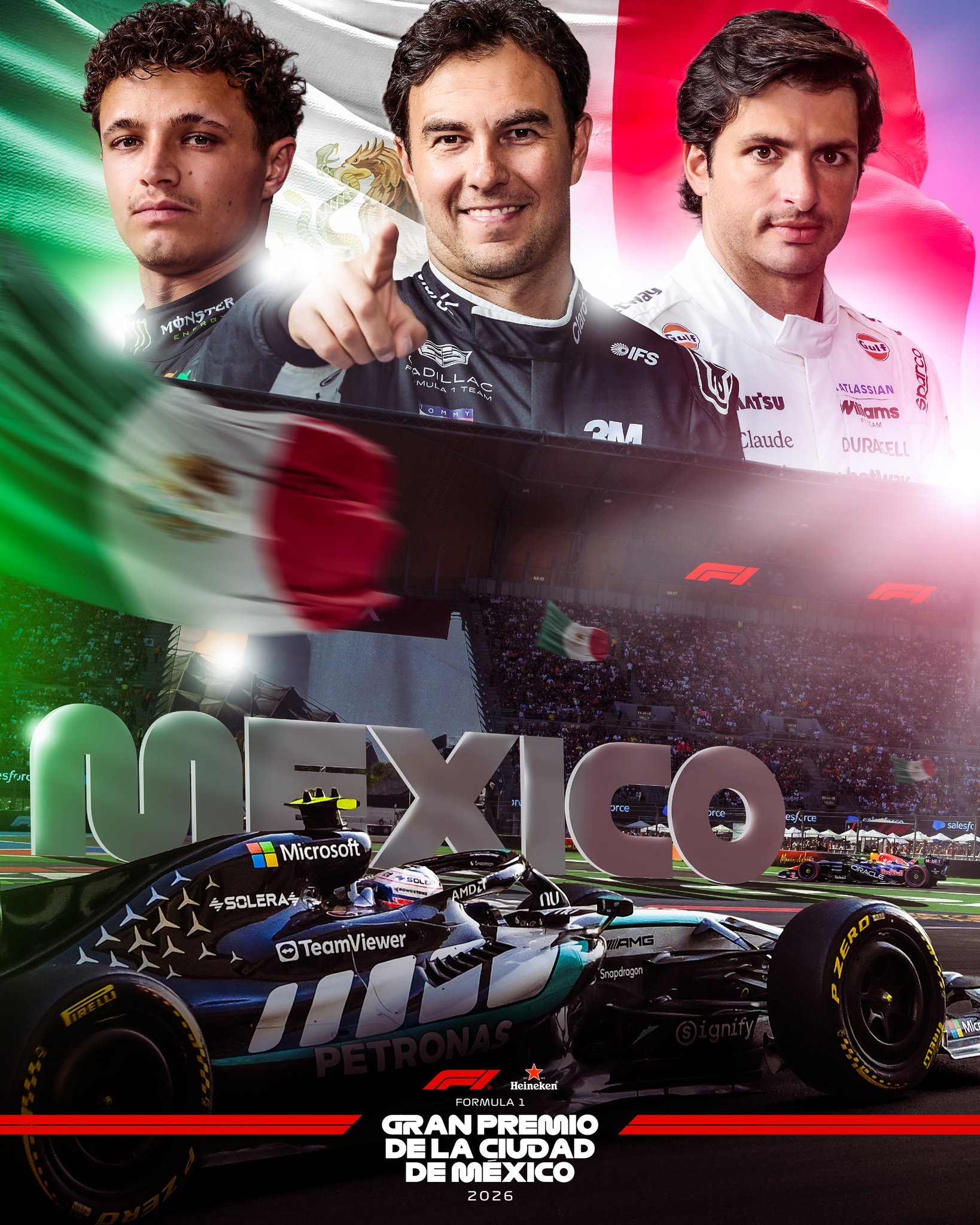 本周2026赛季F1墨西哥🇲🇽城大奖赛官方海报👀海报上：诺里斯➕佩雷兹➕赛