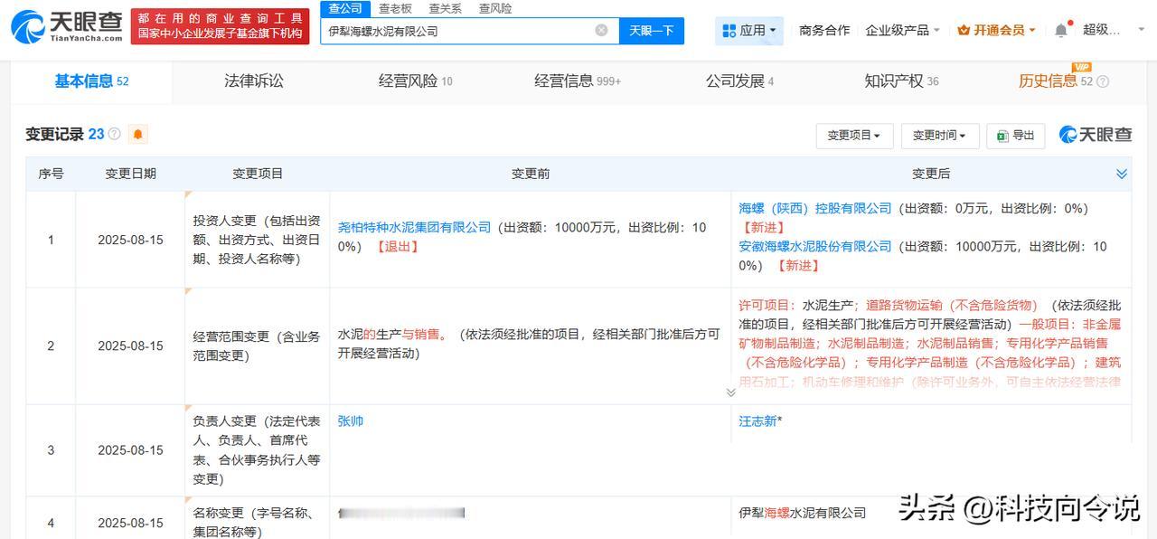 【海螺水泥接手西部水泥旗下伊犁公司 伊犁尧柏水泥公司更名海螺水泥】
天眼查工商信