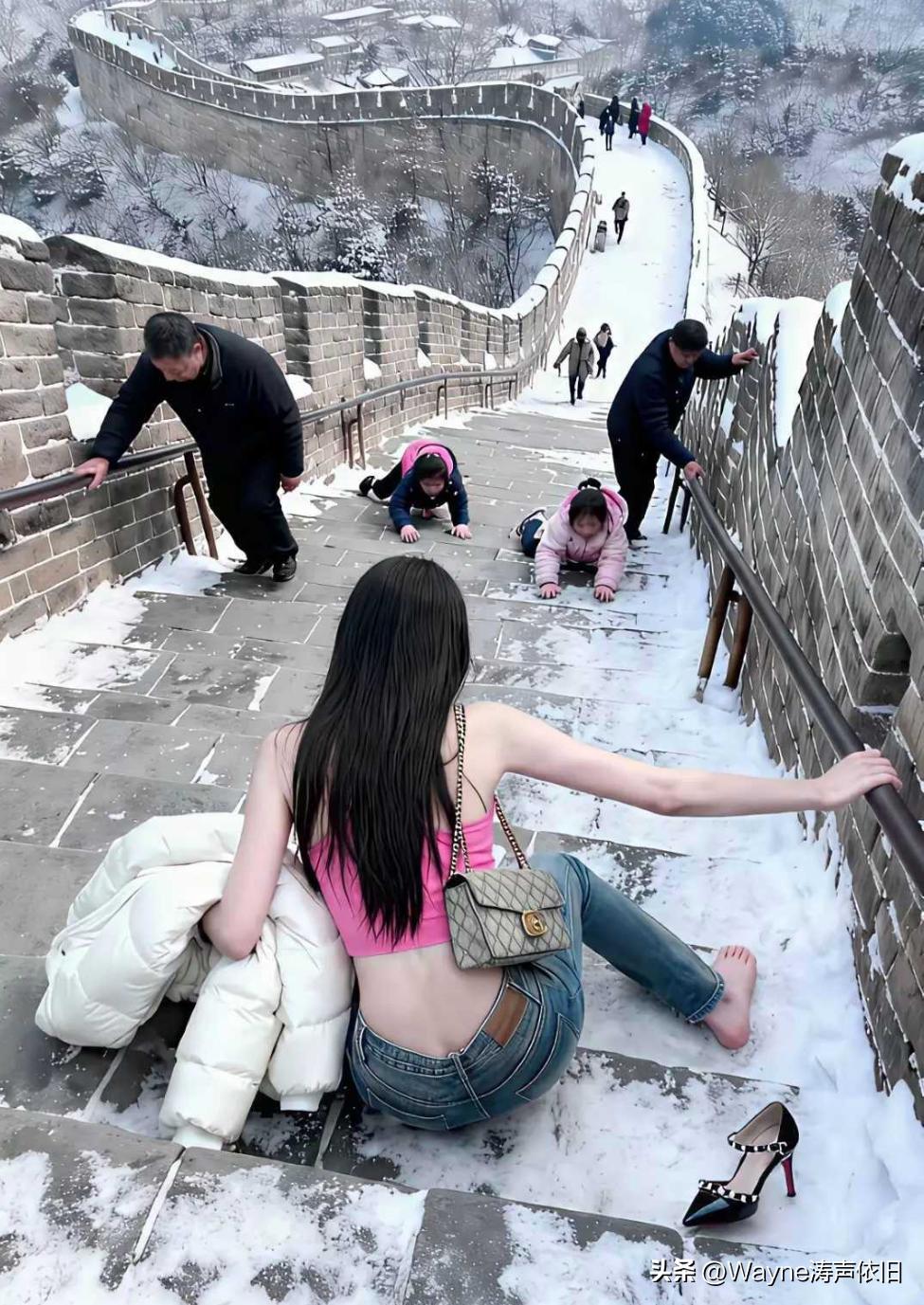 都下雪了，还能在长城上这样玩？她不怕冷么？