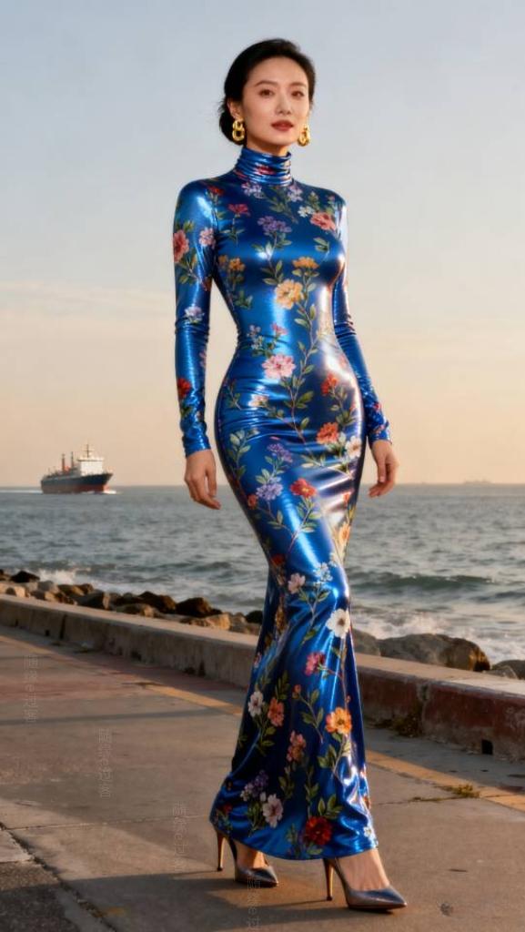 蓝色连衣裙女子海边写真。连衣裙 美女壁纸