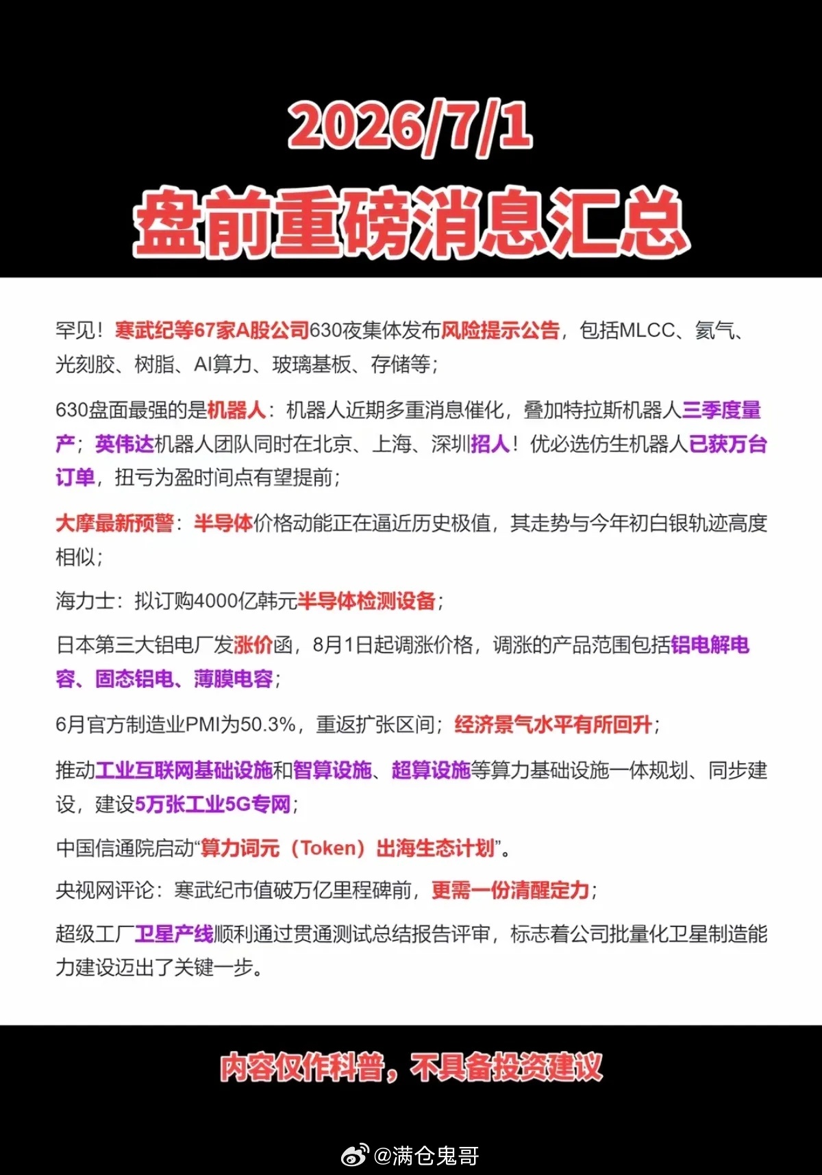 2026年7月1日 盘前重磅消息完整汇总一、630晚间上市公司集体风险提示，覆盖