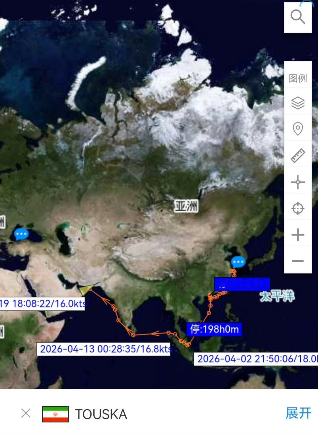 AIS信号显示，遭美国海军斯普鲁恩斯号驱逐舰(DDG-111)炮击拦截伊朗商船图