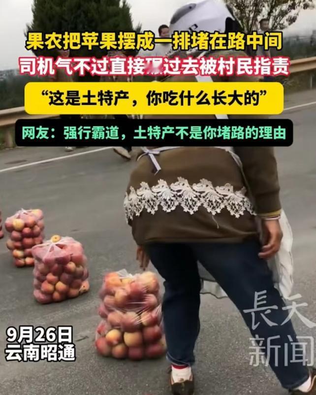 2024年9月云南，果农把苹果装在袋子里后直接摆放在路上，堵住了来往车辆的通行，
