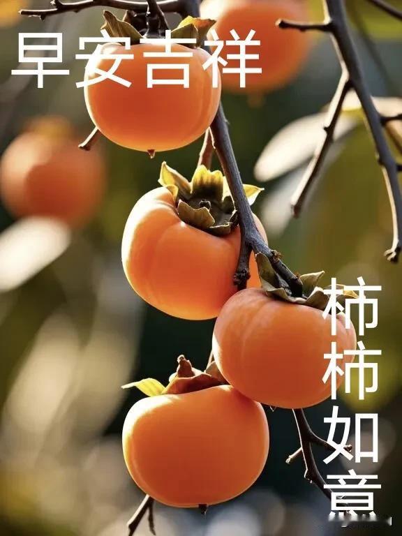 枝头红柿挂，秋日送安康，早安吉祥，柿柿如意