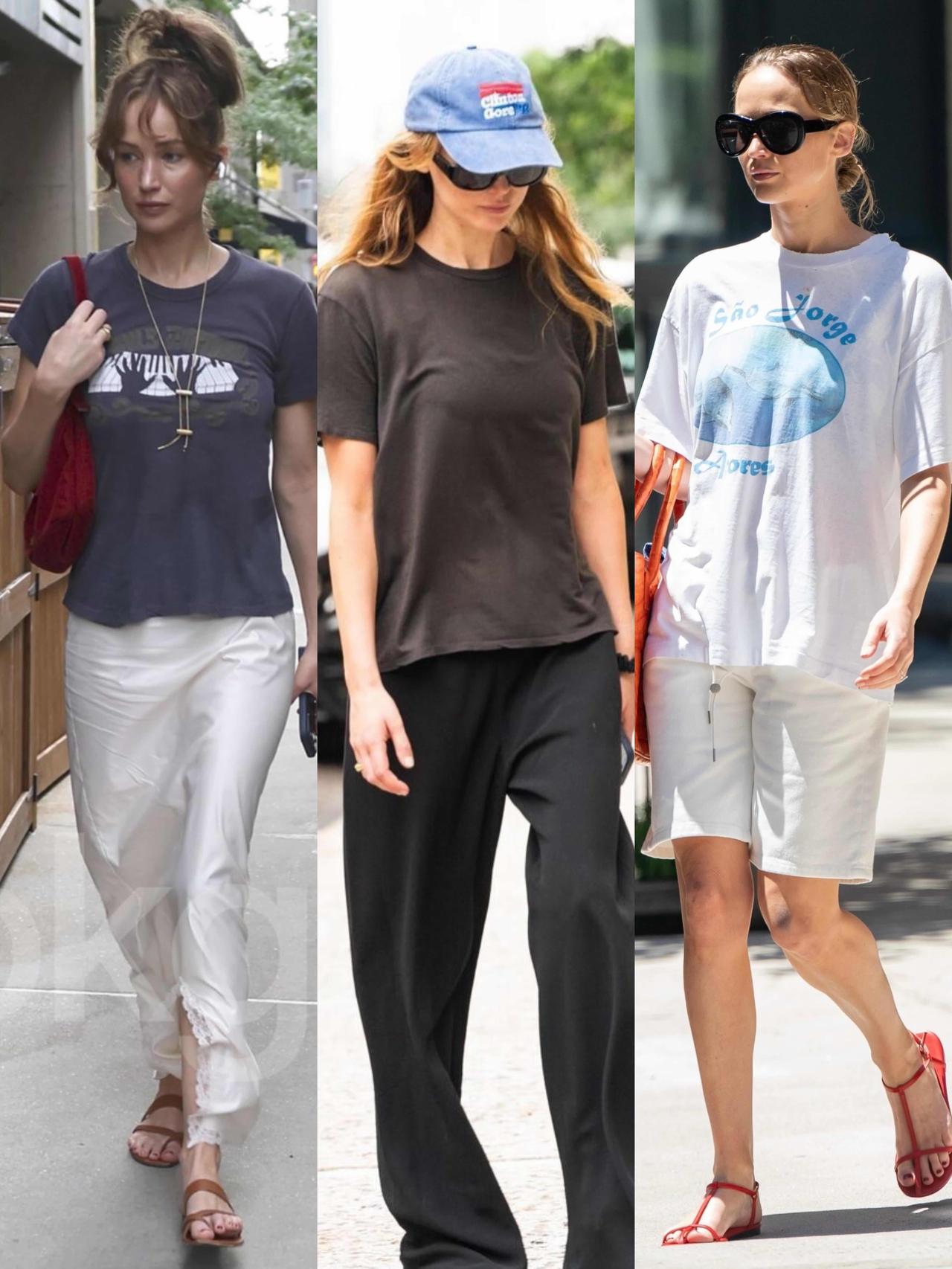 Jennifer Lawrence私服堪称日常穿搭范本，主打
各类宽松柔软的基础