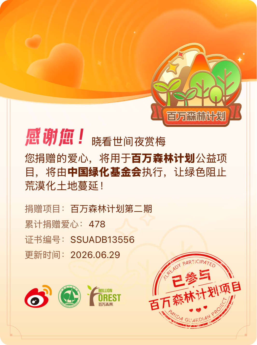 微博积分捐赠【一次次的小小善举，便有了绵延不绝的生命力】我参与了百万森林计划第二