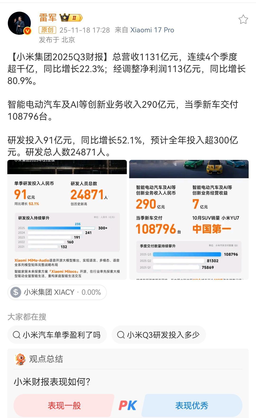 在争议中成长，小米汽车今年的声响很大，产能提升后销量节节攀升，终于盈利了，年底有