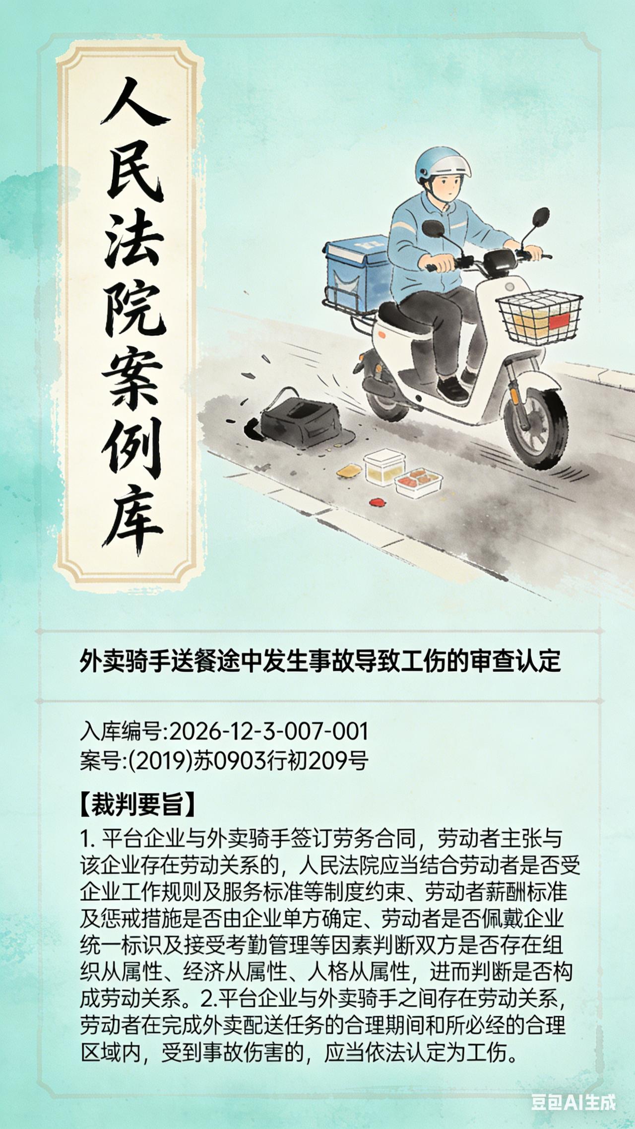 人民法院案例库外卖骑手送餐途中发生事故导致工伤的审查认定
入库编号:2026-1