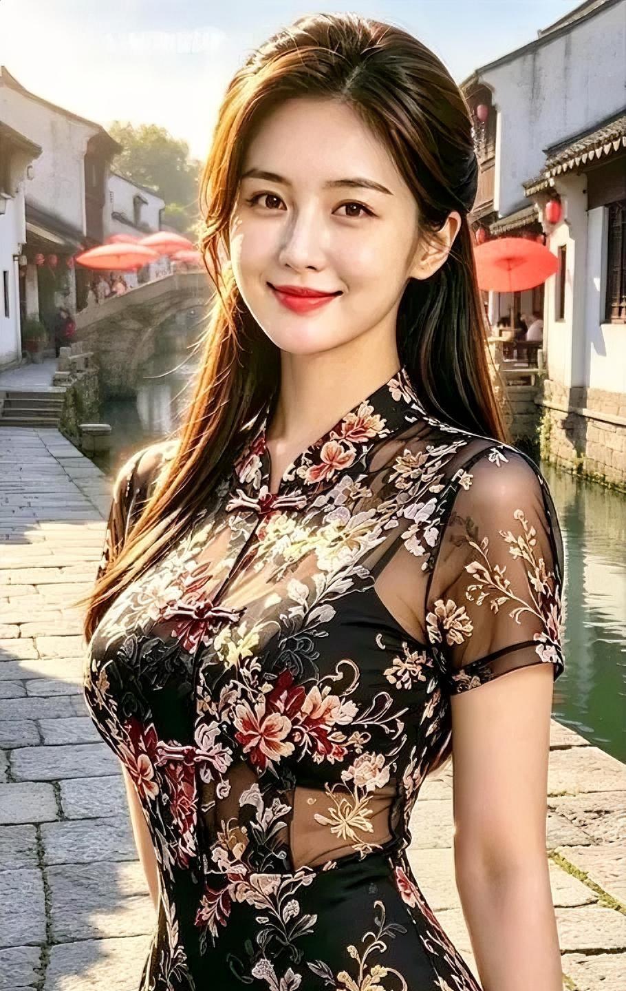 水乡绣影醉斜阳

黑底绣裙，缀满繁花千缕

网纱轻透，勾勒东方雅致

立领盘扣，