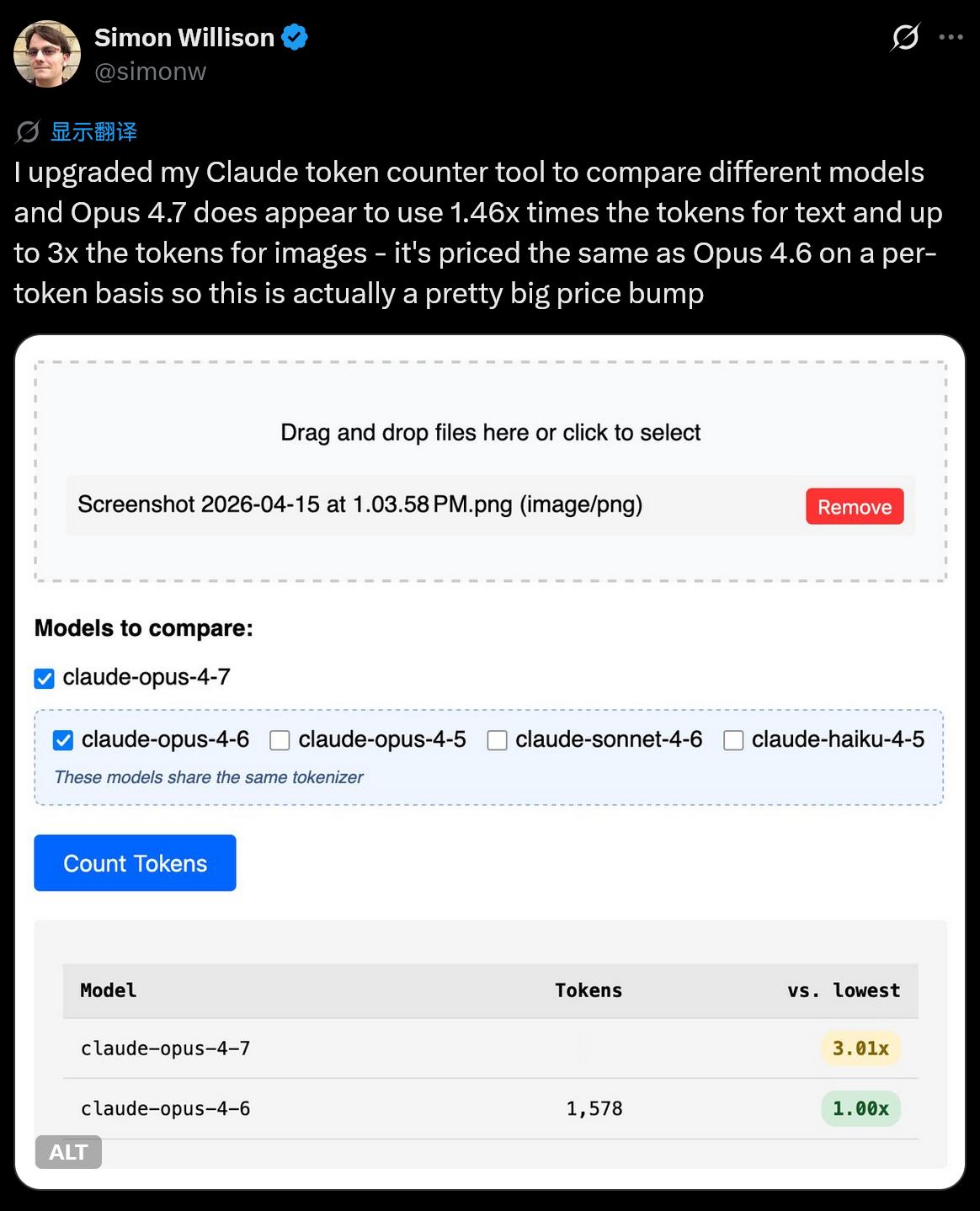 Simon Willison的统计“我升级了我的 Claude 计数工具来比较不