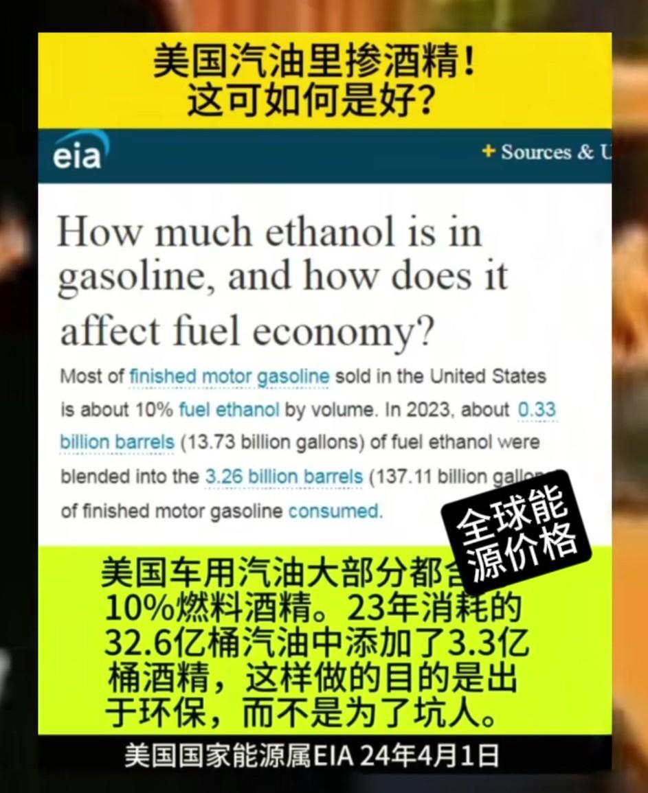 美国汽油添加了约10%乙醇你们知道吗？[大笑]（2023年添加3.3亿桶至32.