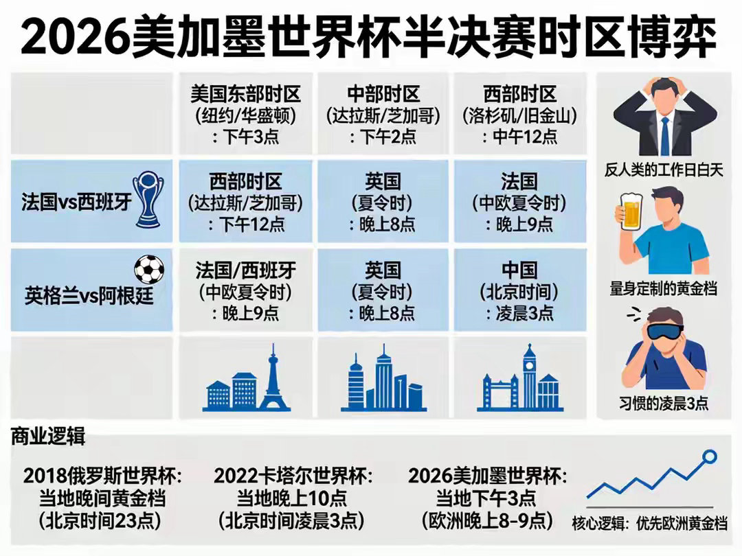 美国球迷不满世界杯半决赛开球时间两场半决赛吊足胃口，无奈下午3点开球太尴尬。打工