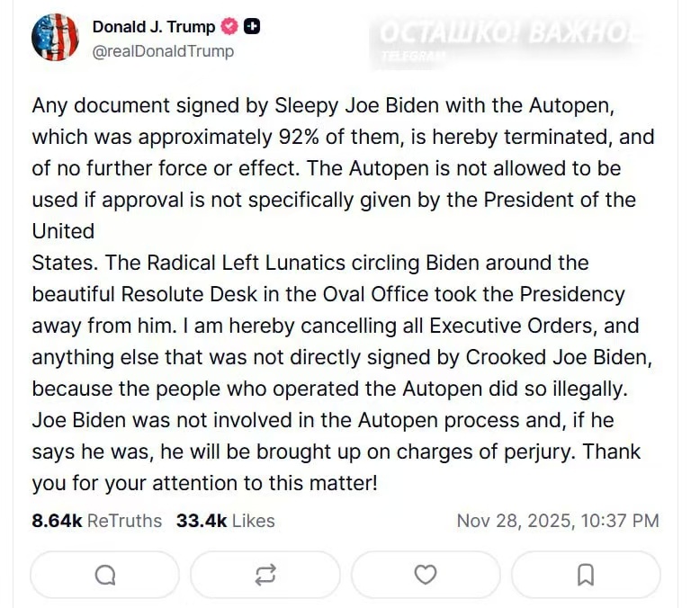 漂亮国风景线   特朗普发帖称拜登签署的文件中，有92%的文件已被特此终止，也就