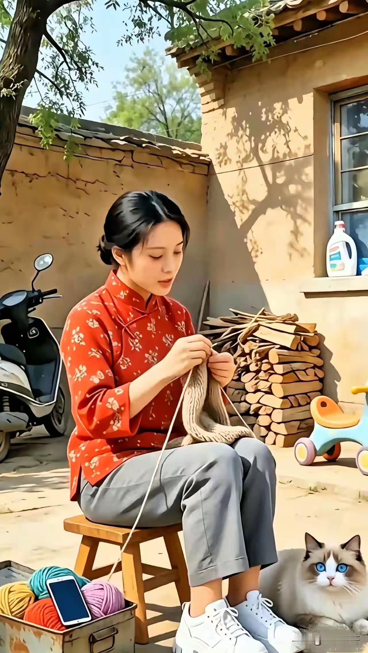 找不符合场景的物品
80年代的农村，画面里呈现出一位姑娘正在织羊毛的场景。这里面