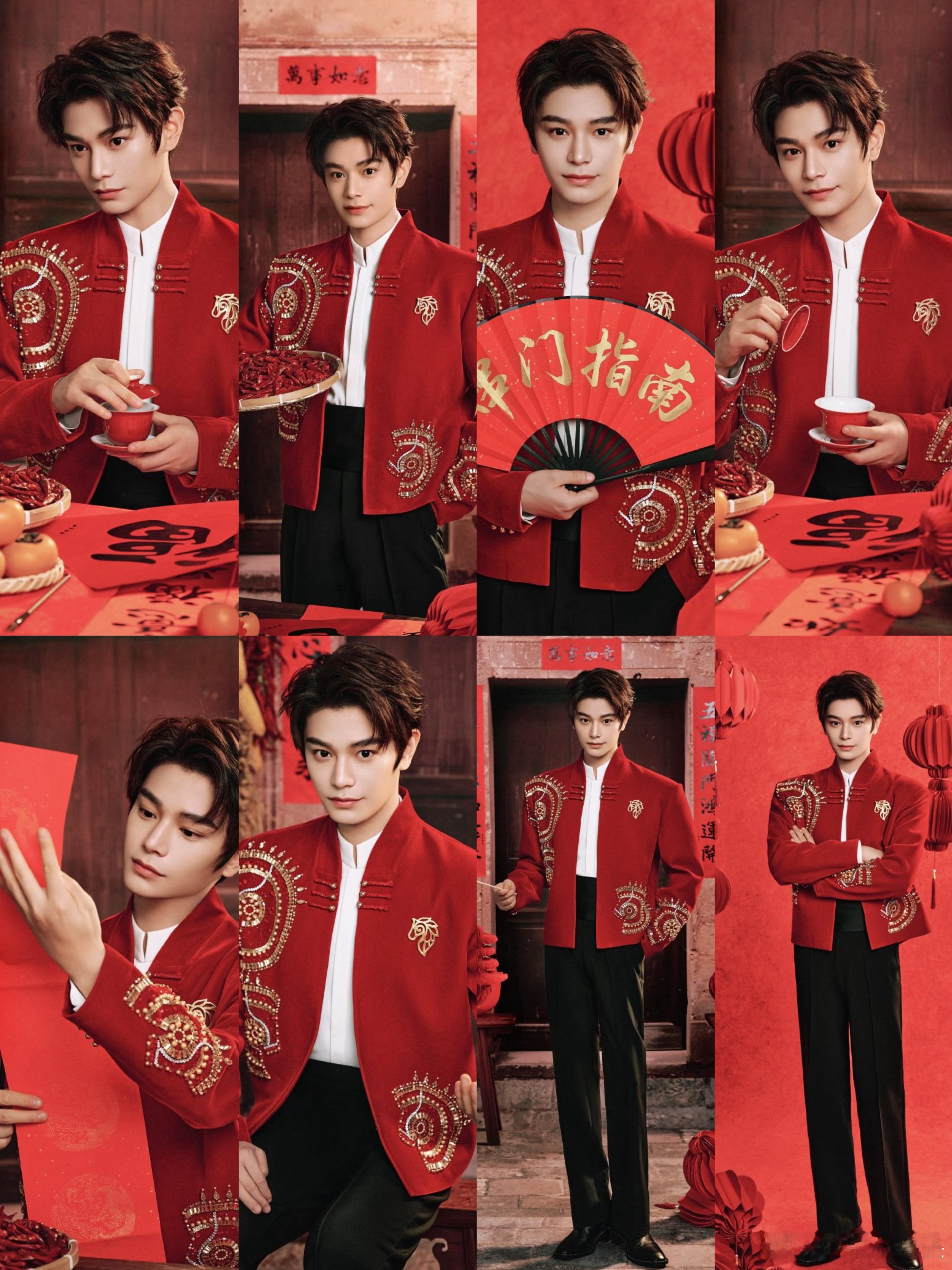 丁禹兮工作室春晚造型出图很符合国人喜好新中式，红色烫金中山外套！ 