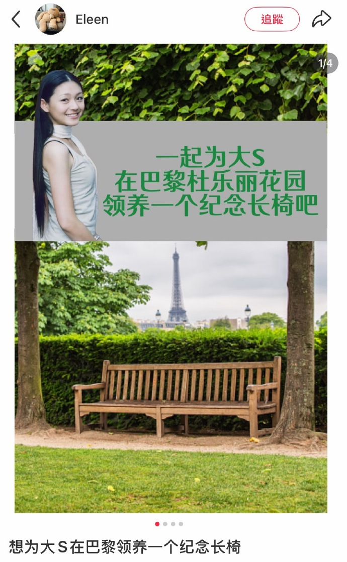 粉丝多伦多巴黎为大S设立纪念长椅 粉丝为大S在多伦多、巴黎设立纪念长椅传递自己的