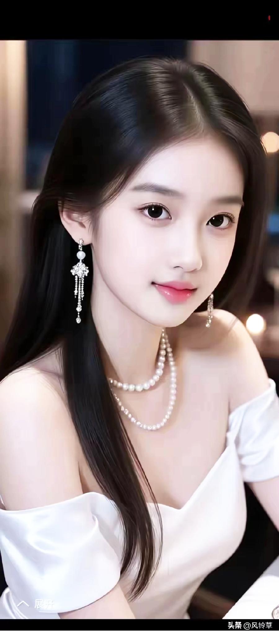 优雅白裙少女，珍珠项链与耳环点缀，尽显温柔与魅力。