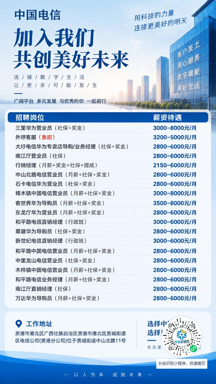 广西贵港中国电信招聘公告。想找工作的同志可以留意一下……
……