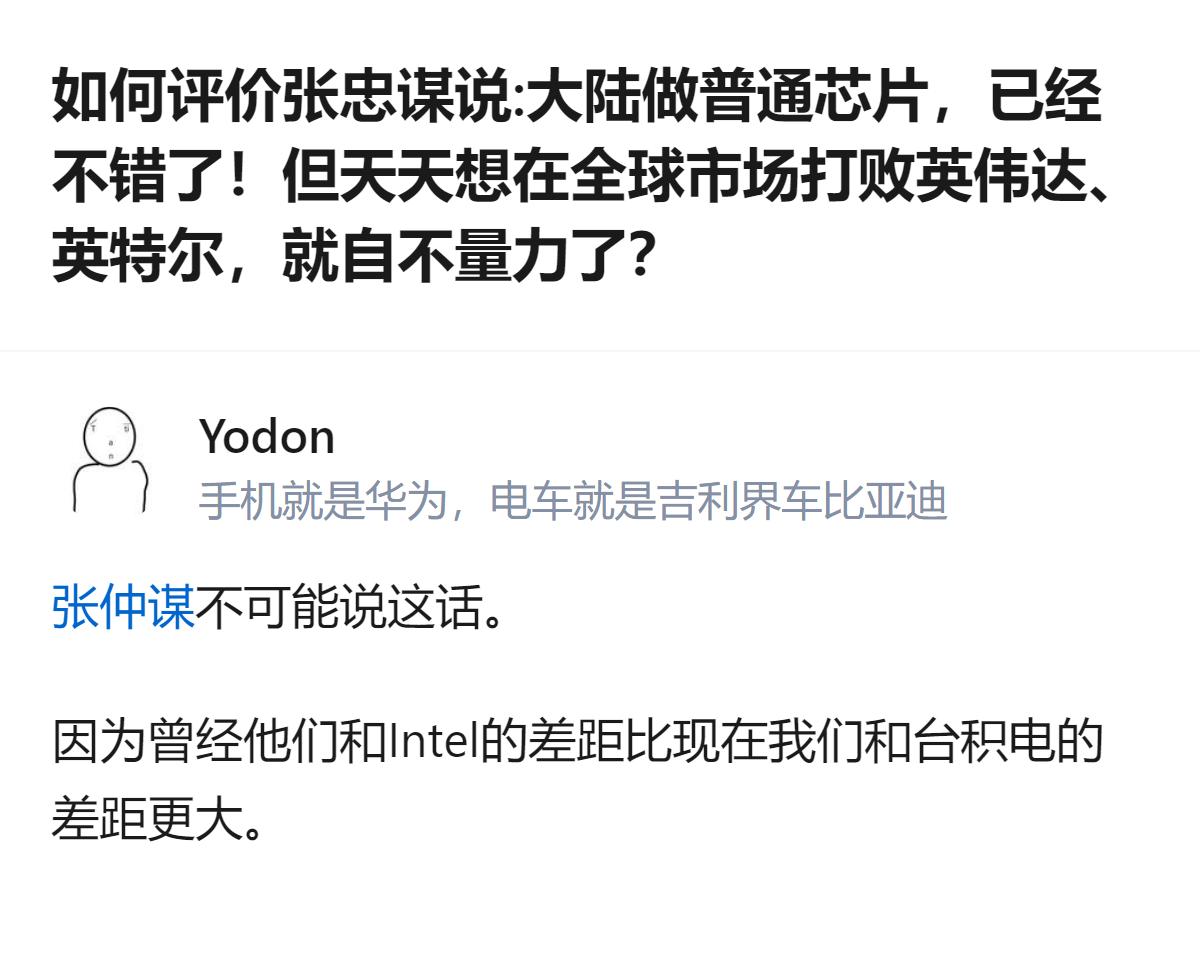 针对这个评价，有观点指出张忠谋不可能说这番话，理由是过往他们与英特尔的差距，比当