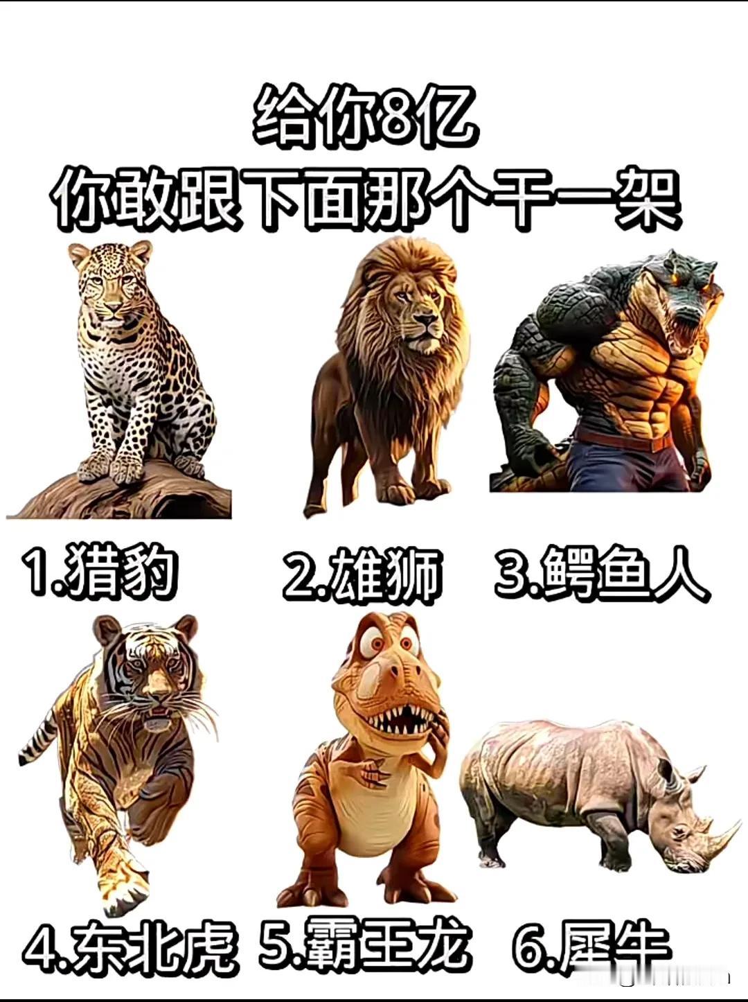 给你8亿，你敢跟下图哪个干一架？我只敢考虑第一个，哪也得带家伙比如刀啊棍棒啥的，